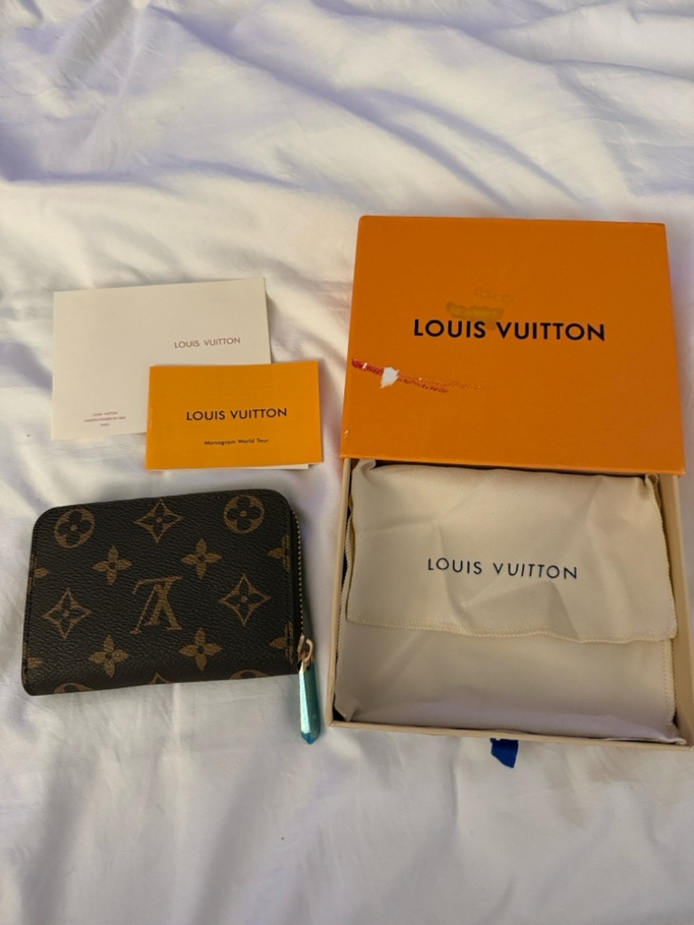 Louis Vuitton Monogram Brown Zip Wallet with Orange Box and Cream Dust Bag